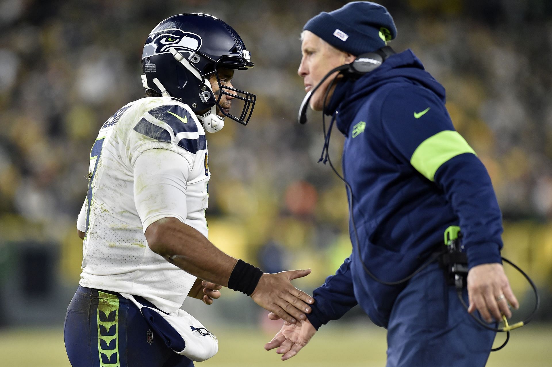 Former Seattle Seahawks quarterback Russell Wilson and Seahawks head coach Pete Carroll