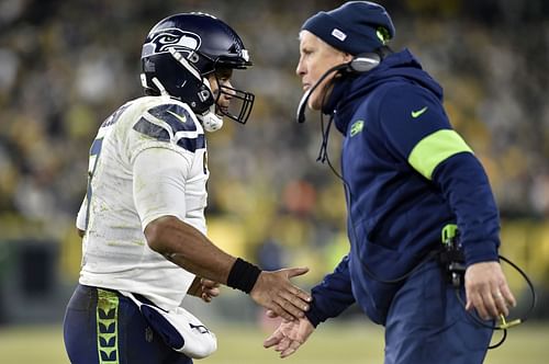 Former Seattle Seahawks quarterback Russell Wilson and Seahawks head coach Pete Carroll