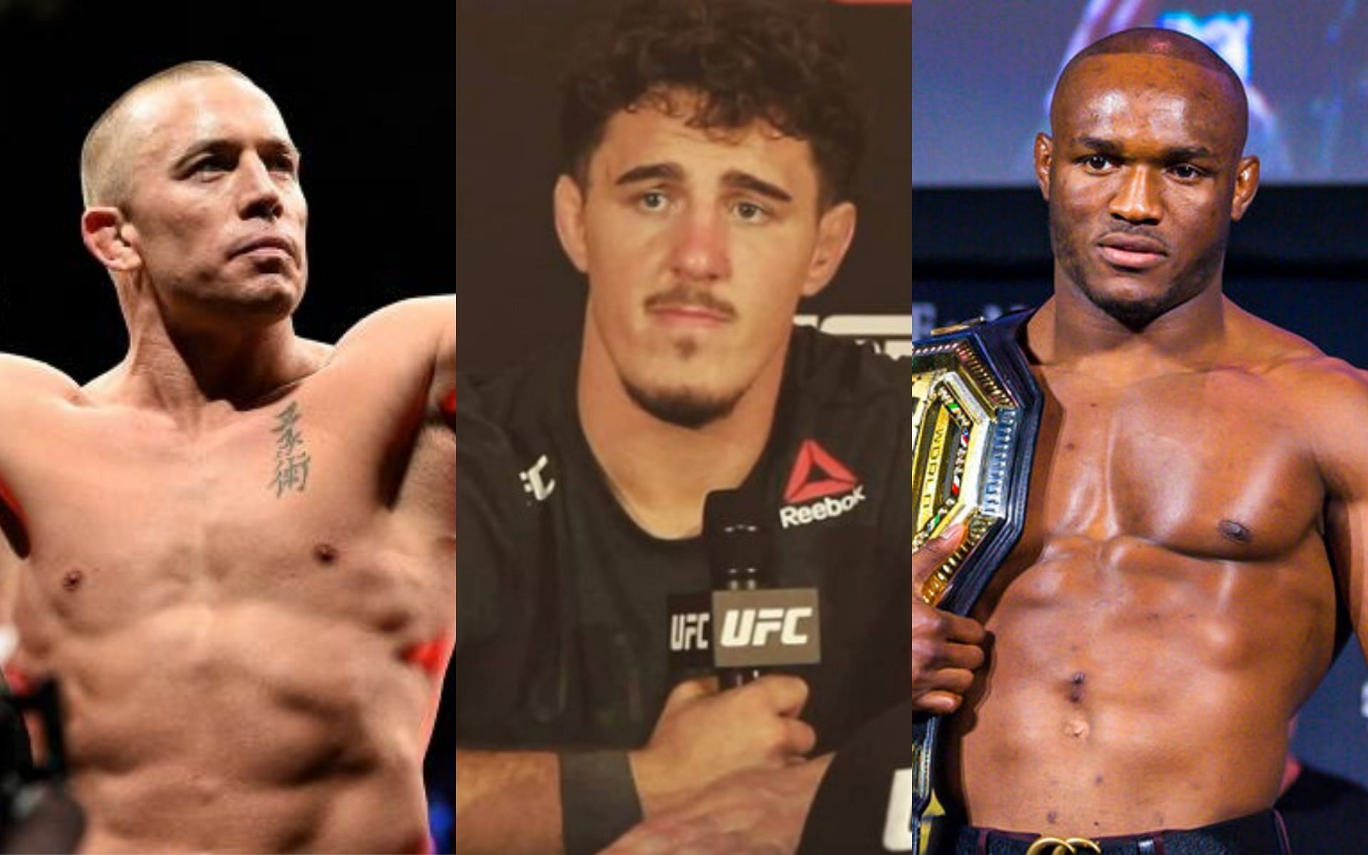 Georges St-Pierre (left. Image credit: UFC.com), Tom Aspinall (middle. Image credit: @tomaspinallofficial on Instagram), Kamaru Usman (right. Image credit: UFC.com)
