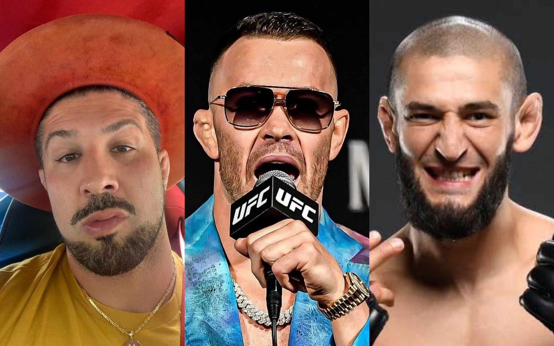 Brendan Schaub (left) and Colby Covington (center) [Images via @brendanschaub, @colbycovmma on Instagram]; Khamzat Chimaev (right) [Image via @Borz4562 on Twitter]