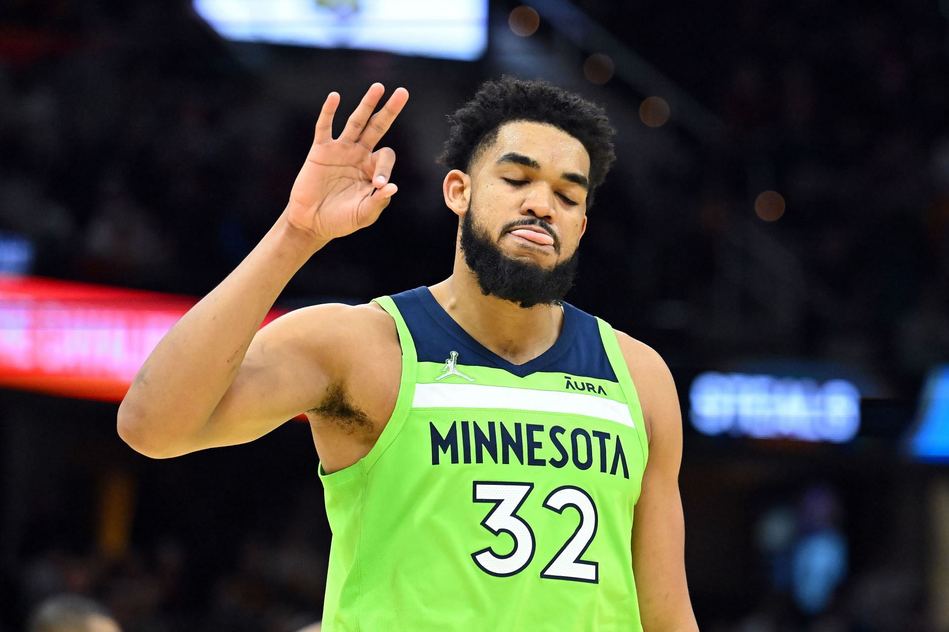 Karl-Anthony Towns #32 of the Timberwolves celebrates during a game