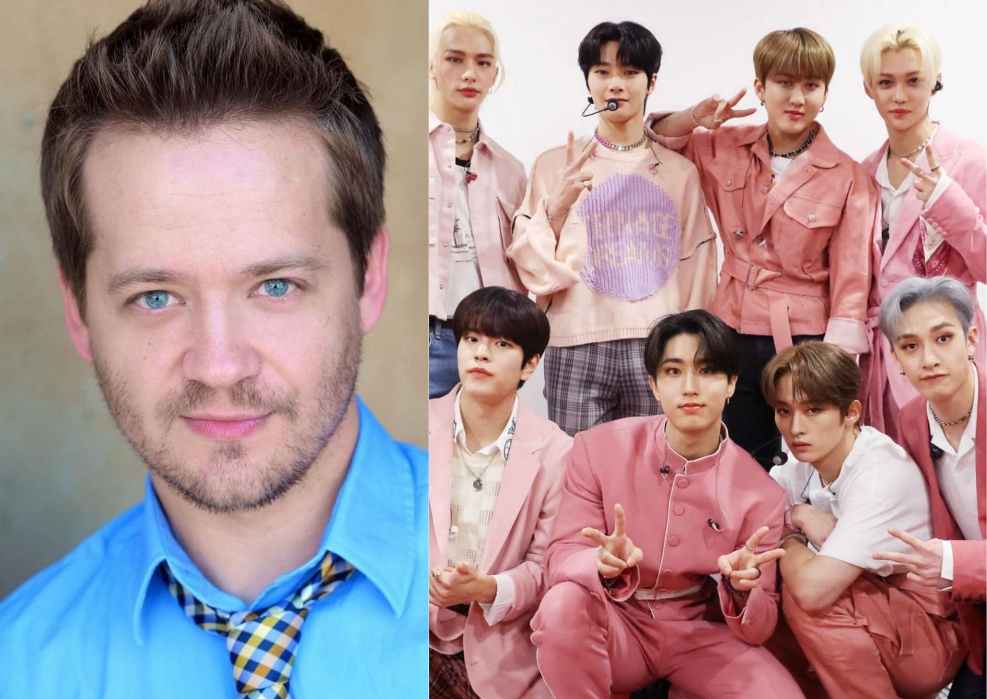 A still of the superstars, left (Jason Earles), right (Stray Kids) (Image via @realdukeofearles/@Stray_Kids/Twitter)