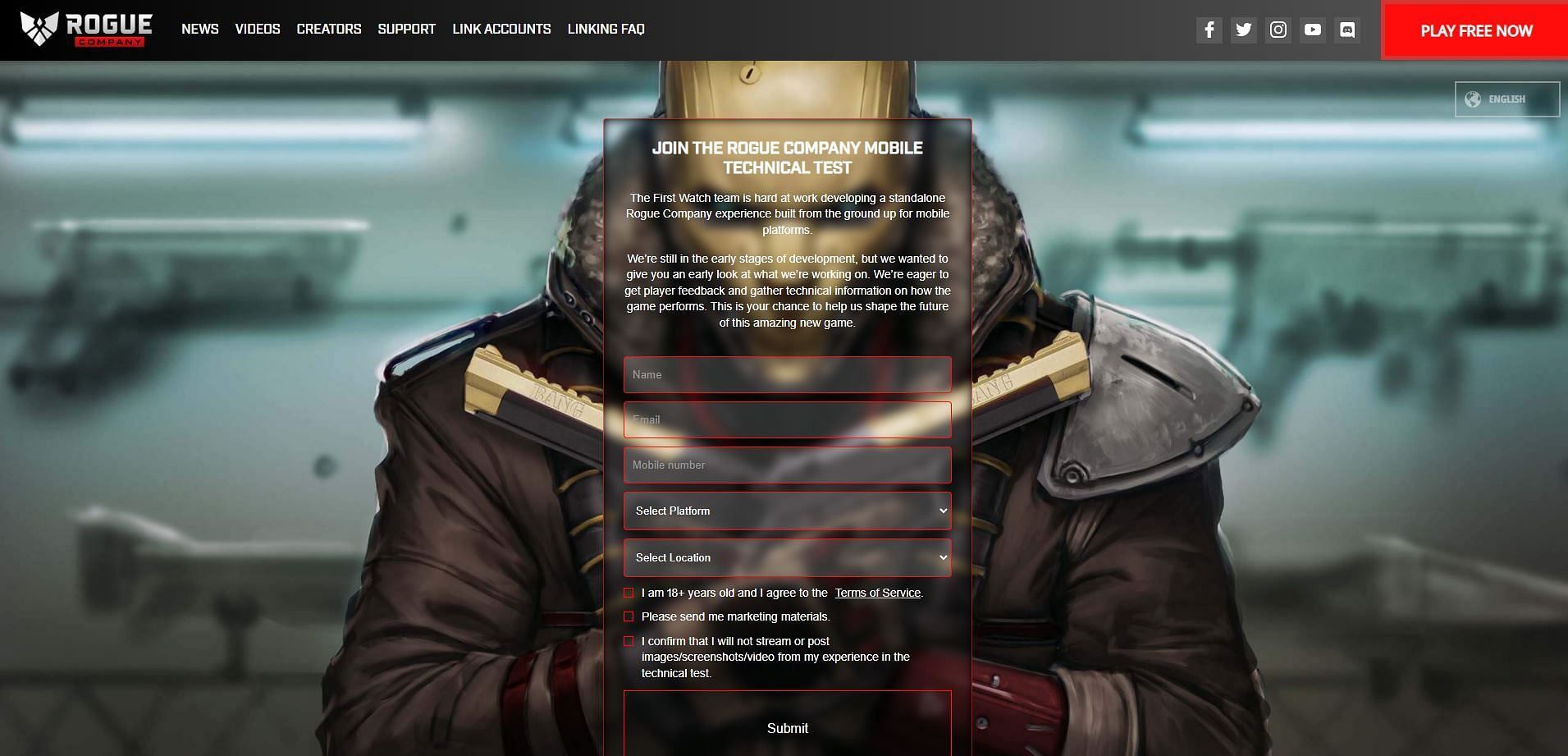 Fill out all the details and submit to have a chance at the alpha test for Rogue Company on iOS (Image via Hi-Rez)