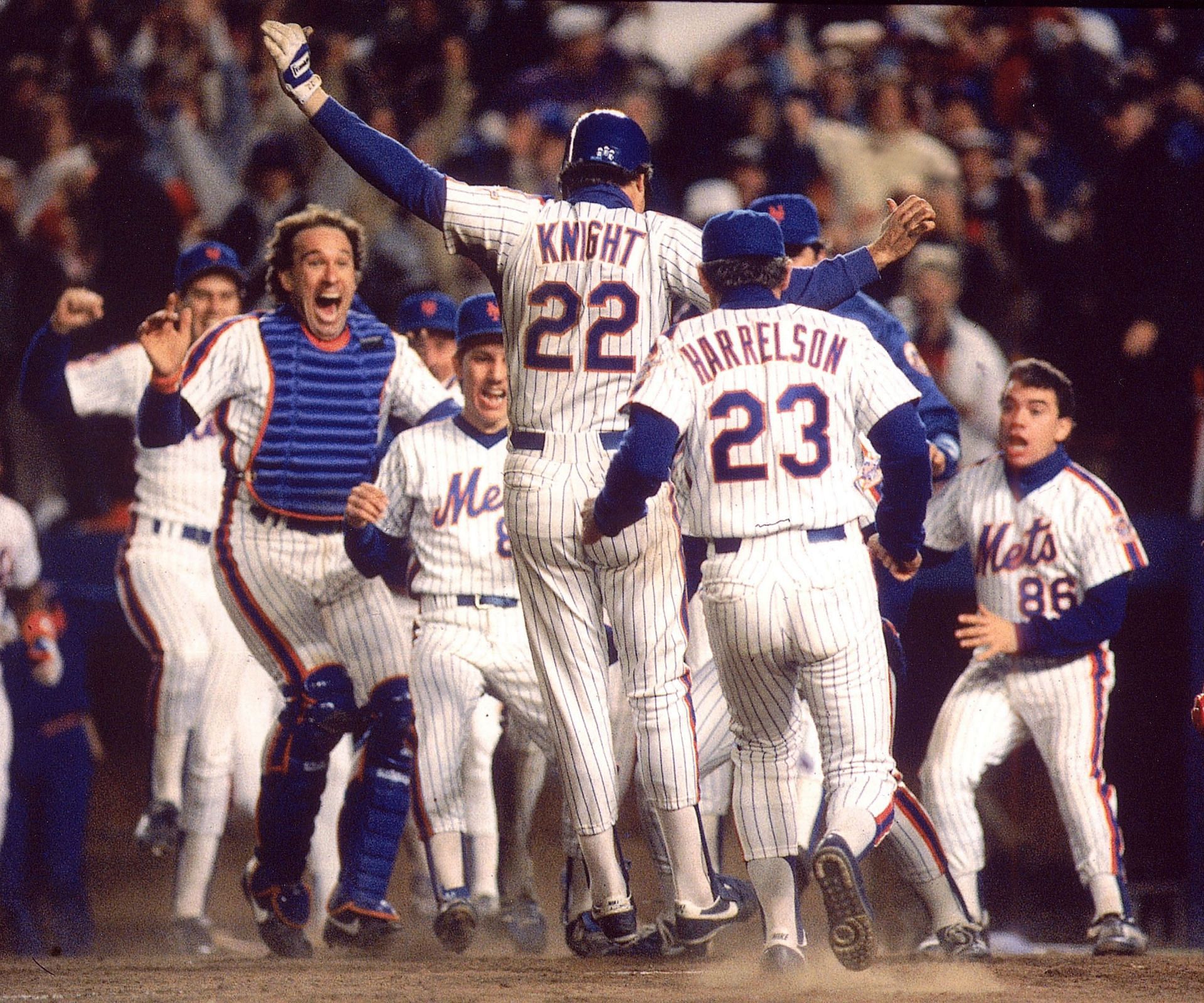 Mets players celebrate after winning Game 6 of the 1986 World Series.