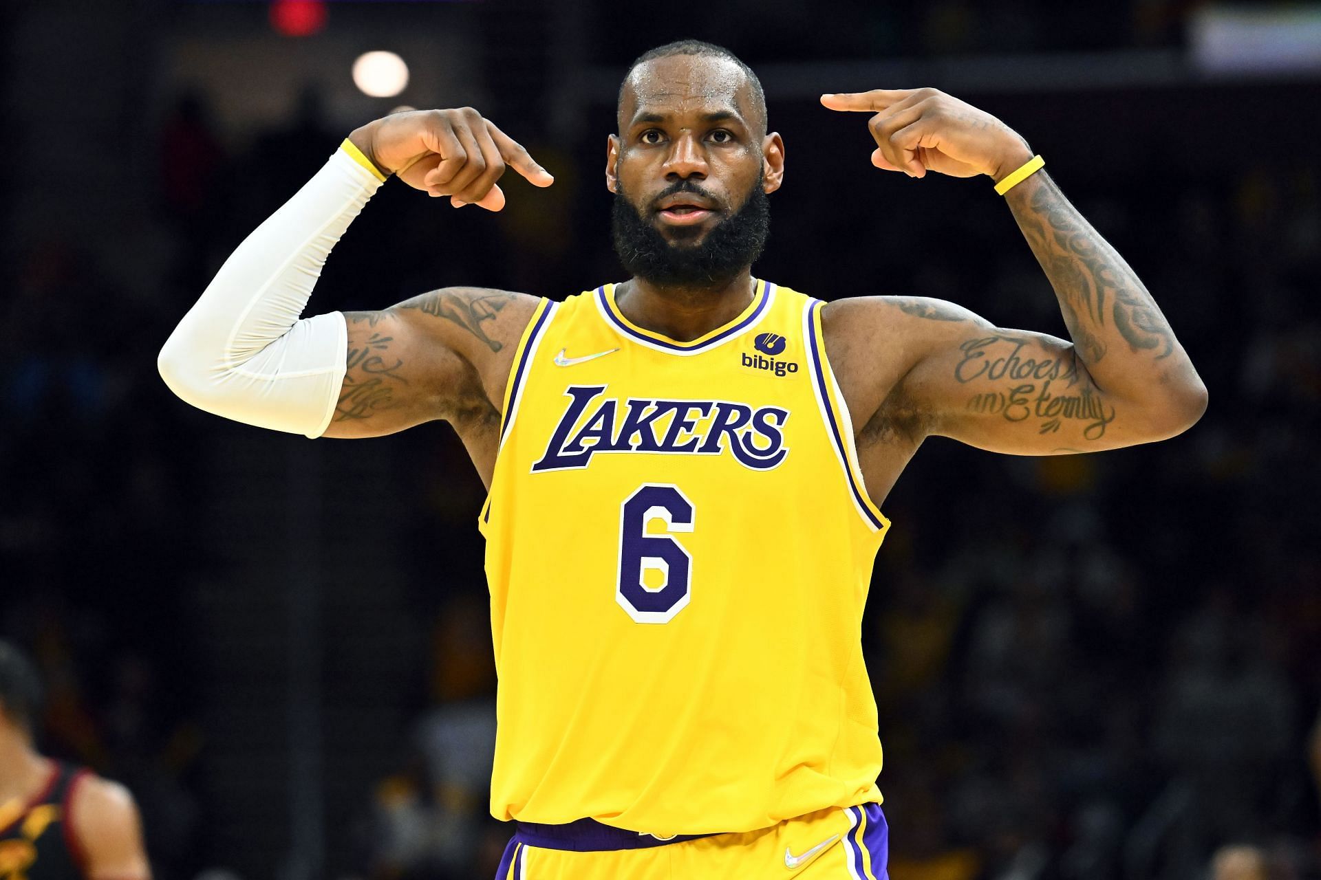 LeBron James of the LA Lakers celebrates during the fourth quarter against the Cleveland Cavaliers at Rocket Mortgage Fieldhouse on Monday in Cleveland, Ohio. The Lakers defeated the Cavaliers 131-120.