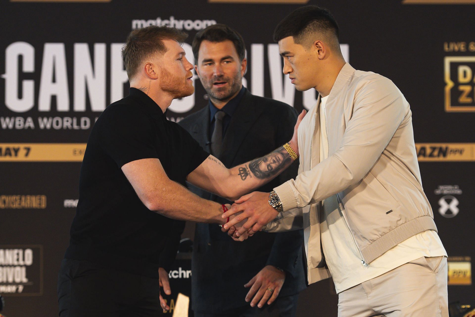 Canelo Alvarez (L) and Dmitry Bivol (R) had their first press conference today