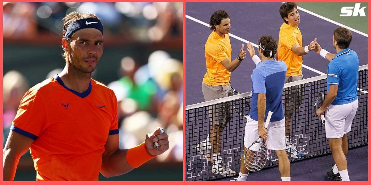 Rafael Nadal and Marc Lopez with Roger Federer and Stan Wawrinka at the 2011 Indian Wells Masters