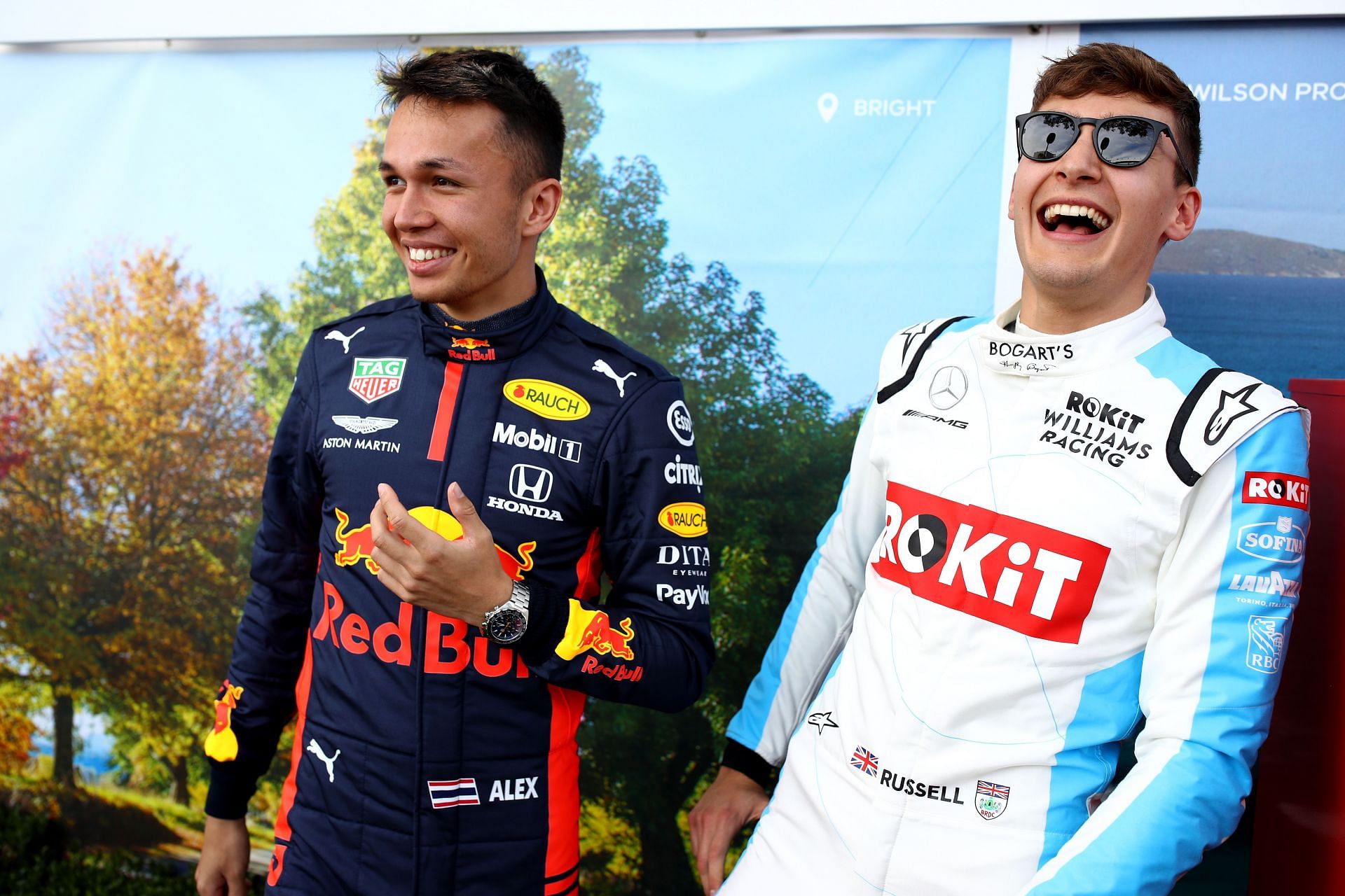 Alex Albon (left) with George Russell (right) at the 2020 F1 Grand Prix of Australia