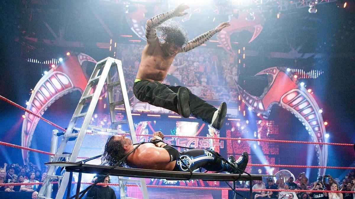 Jeff delivering a leg drop to his brother at Backlash 2009.