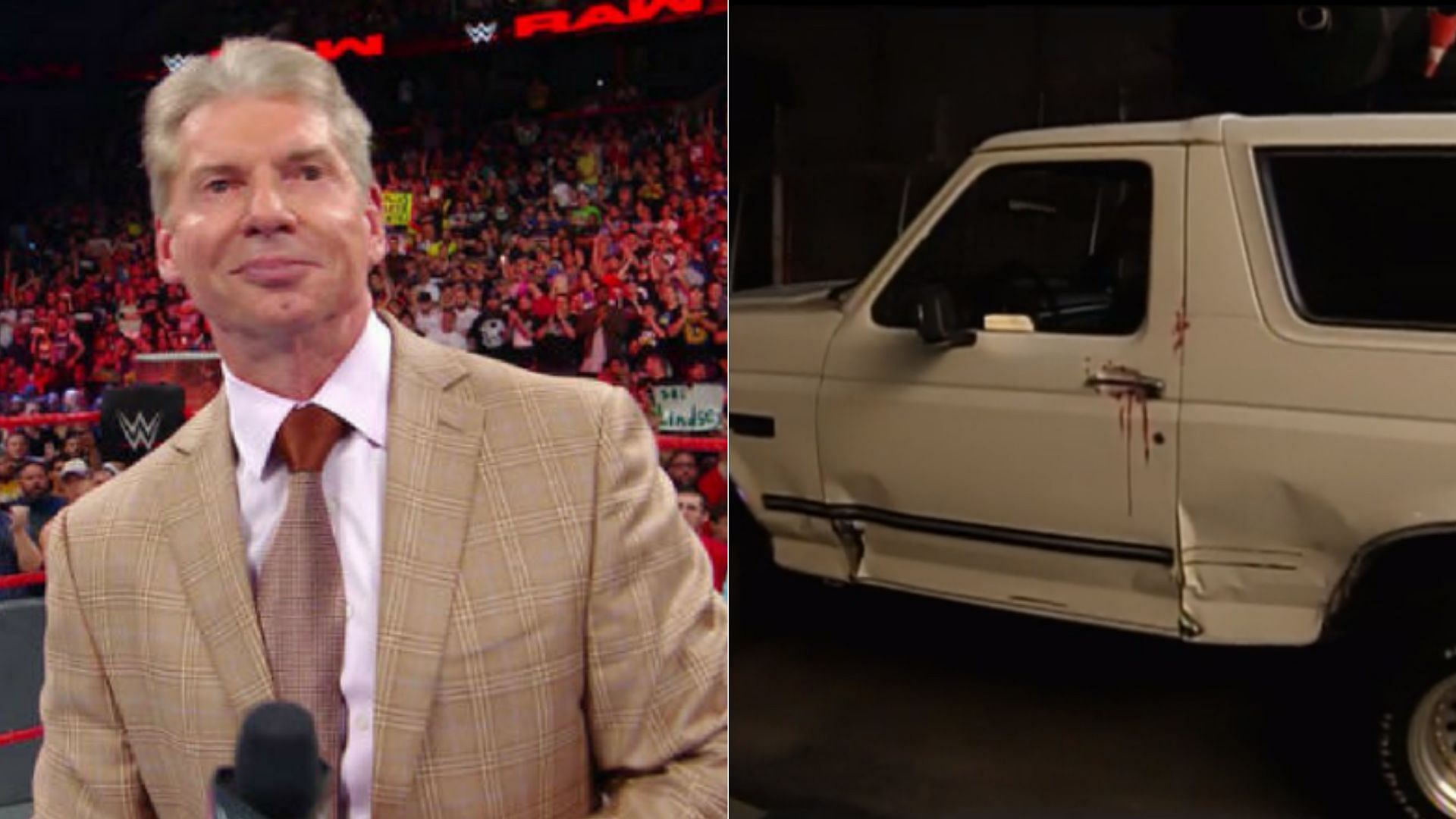 Vince McMahon (left); Roddy Piper&#039;s Ford Bronco (right)
