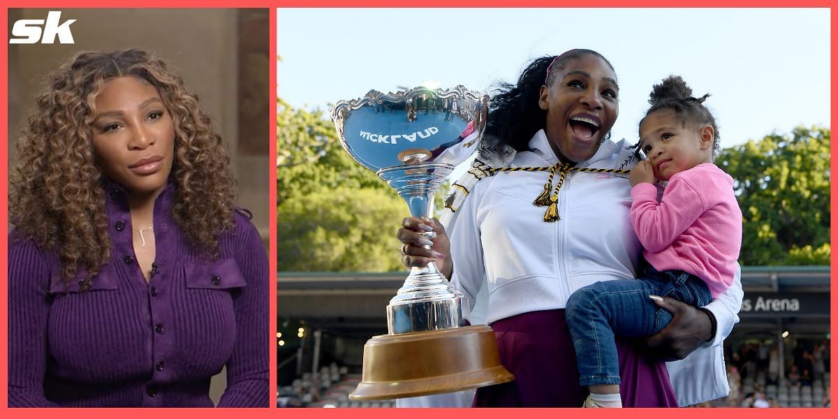 Serena Williams holds the ASB Classic trophy with her daughter Olympia