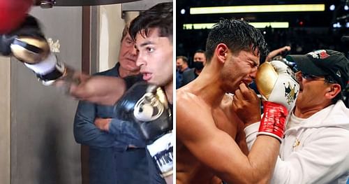 Ryan Garcia (L) training via @FightHubTV and celebrating (R) after last bout