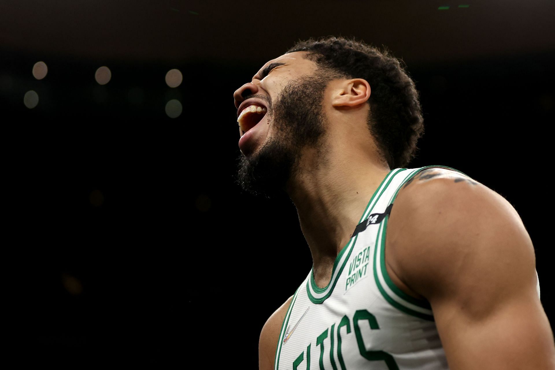 Jayson Tatum of the Boston Celtics reacts during the second half against the Atlanta Hawks at TD Garden on March 0, 2022 in Boston, Mass. The Celtics defeat the Hawks 107-98.