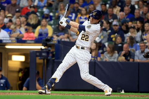 Christian Yelich bats during a Chicago Cubs v Milwaukee Brewers game.