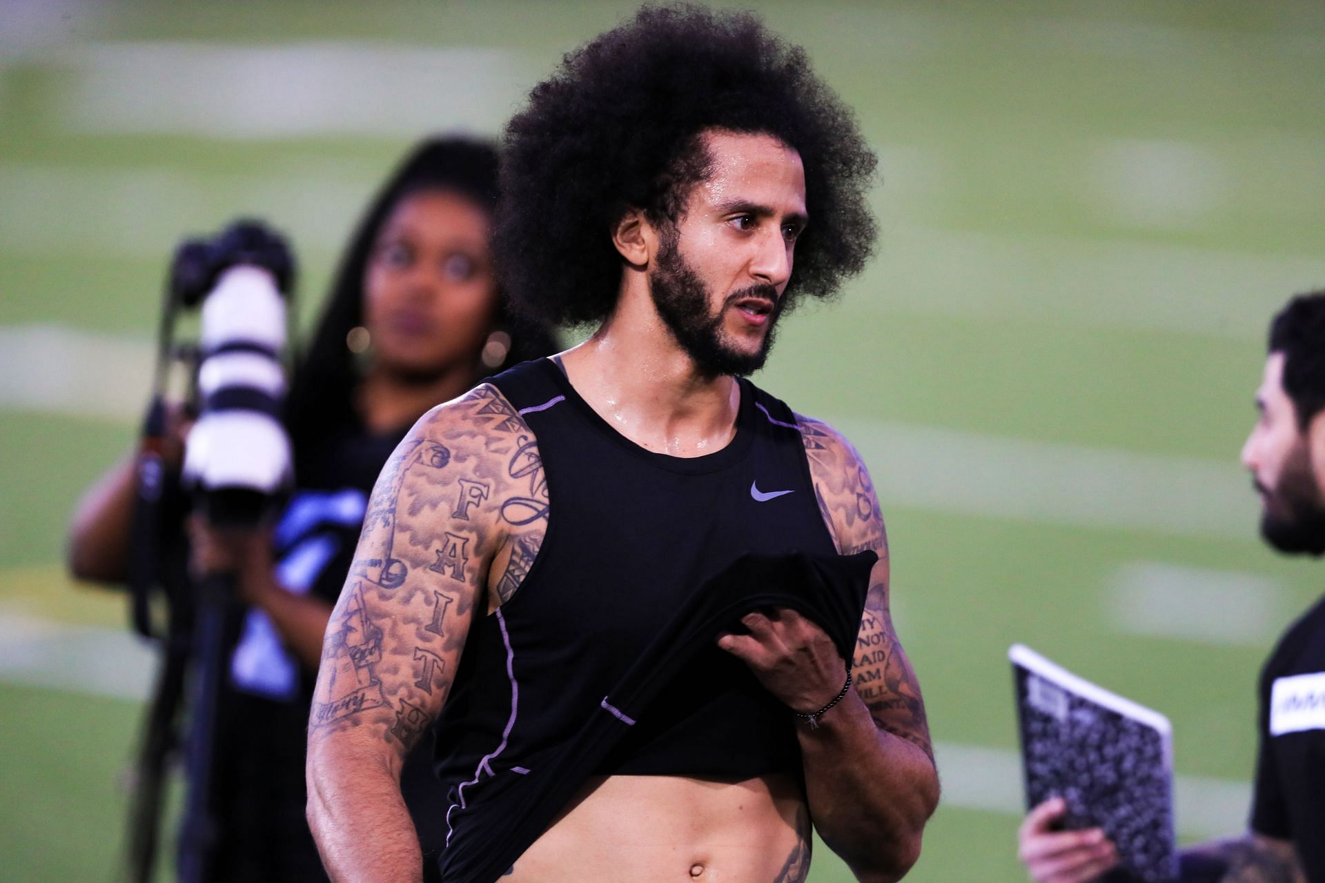 Colin Kaepernick NFL Workout speaking with the meida