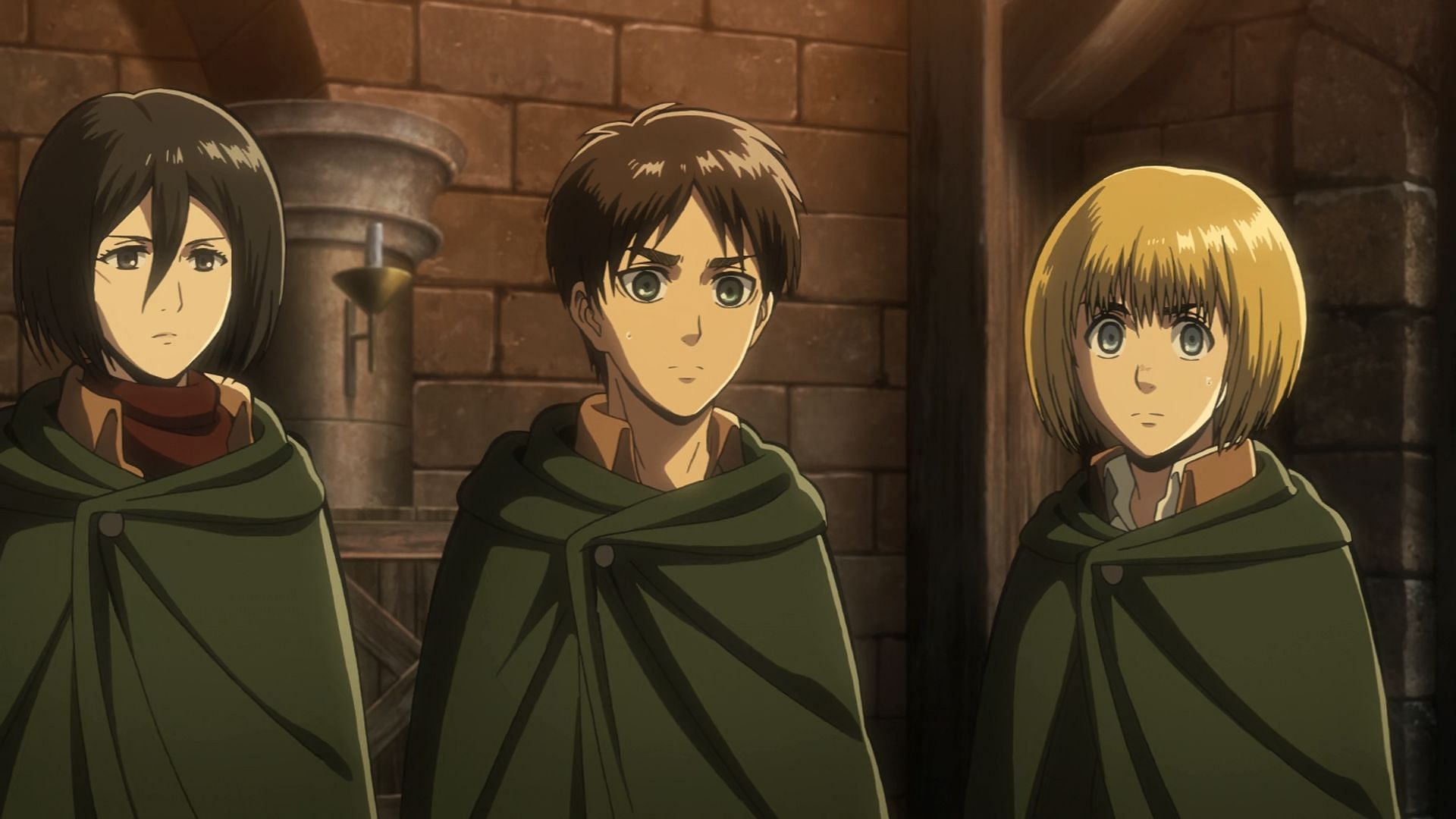 Mikasa, Eren, and Armin (Image via Wit Studio)
