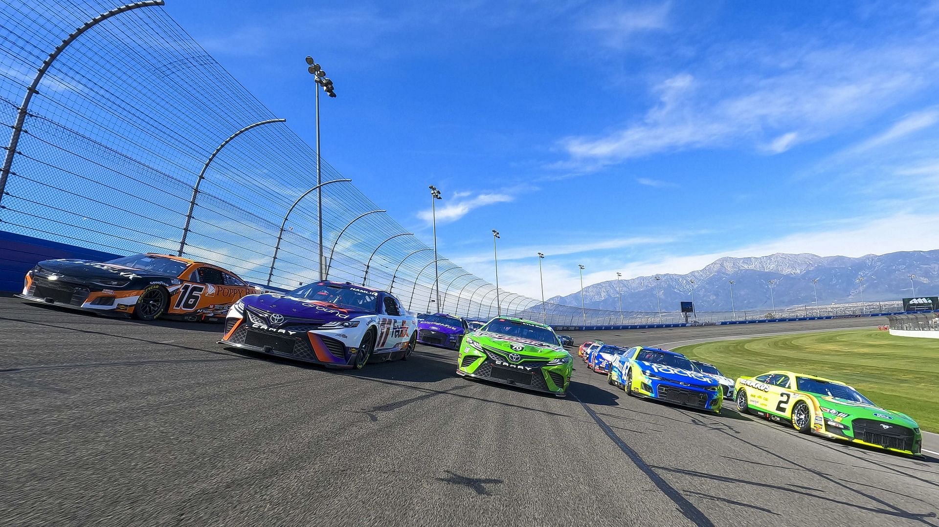 Next Gen cars in a five-wide salute to the fans before the WISE Power 400 at Auto Club Speedway