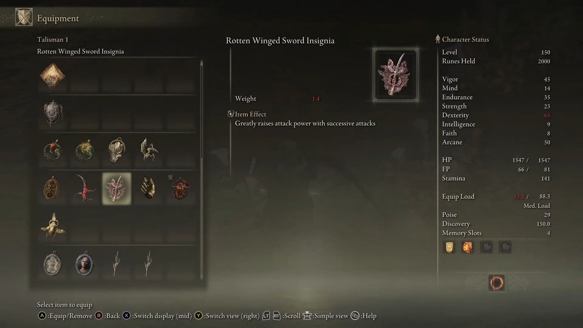 Rotten Winged Sword Insignia is arguably one of the best attack boosting Talismans in Elden Ring (Image via BDX Ronin Gaming/YouTube)