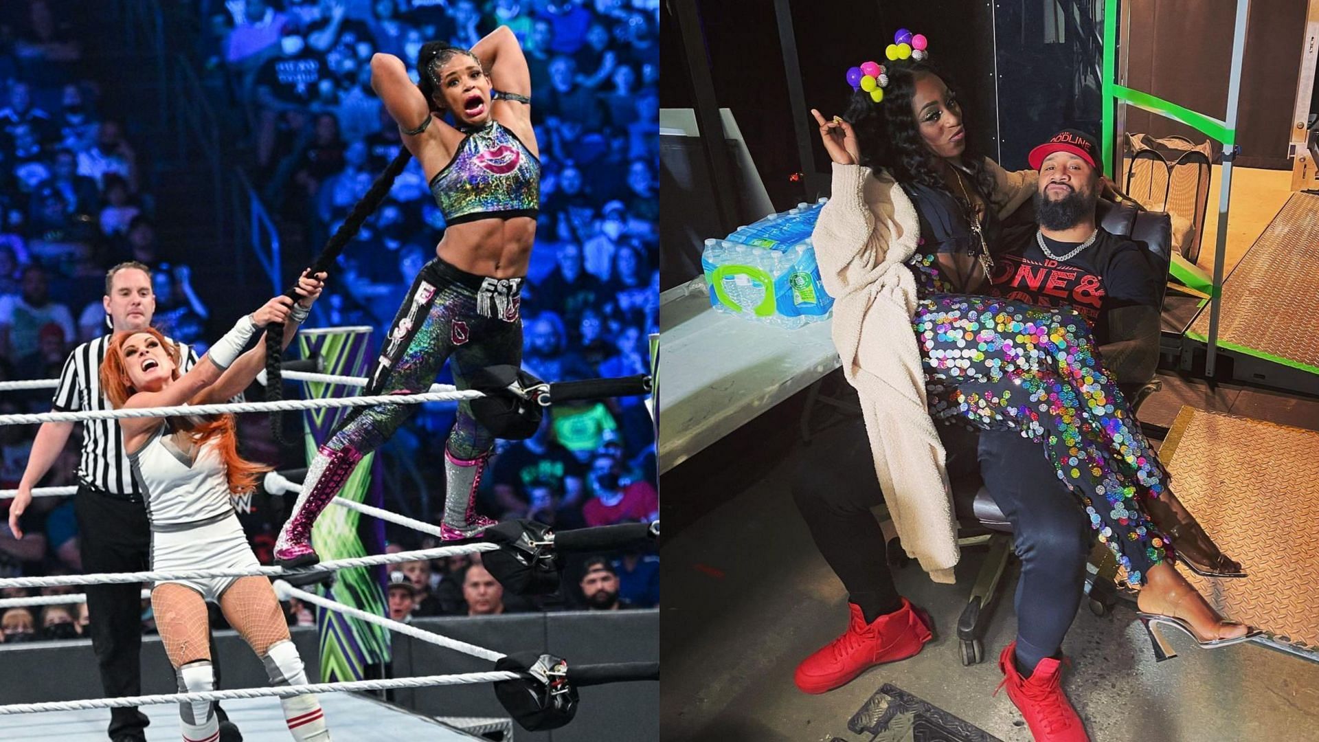 Becky Lynch &amp; Bianca Belair (left) and Jimmy Uso &amp; Naomi (right)