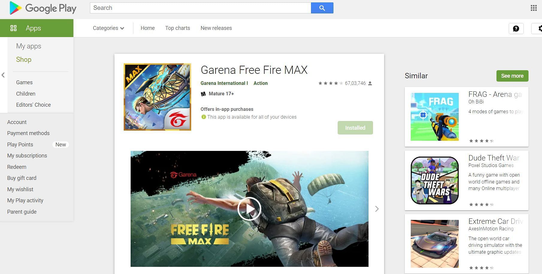 Garena Free Fire in the Play Store (Image via Google Play Store)