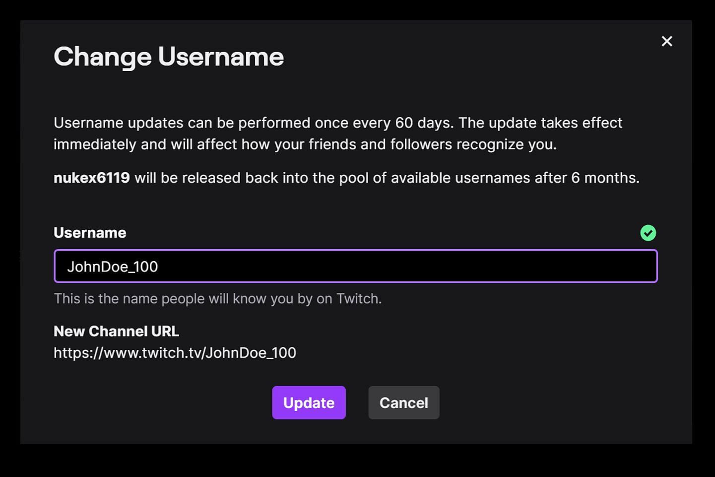 Enter a new username of your liking (Image via Twitch)