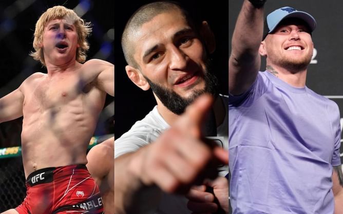 Watch: Khamzat Chimaev's hilarious reactions and comments as he watches "Polly" Pimblett and "Darren Tillaev" at UFC London