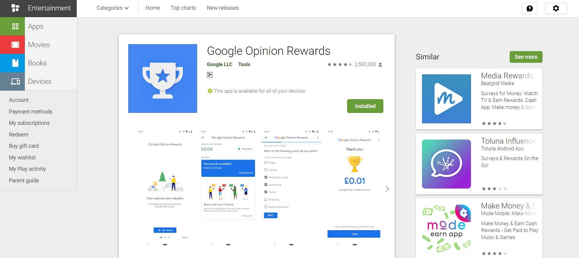 One can acquire Play Store balance using Google Opinion Rewards (Image via Google Play Store)