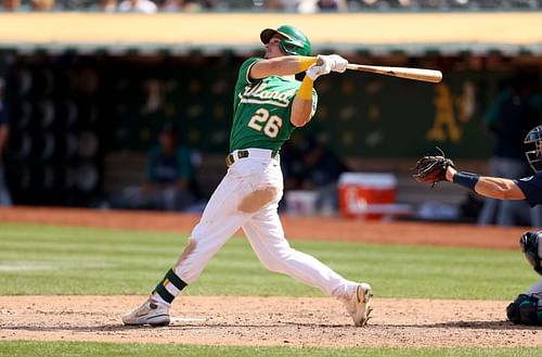 Matt Chapman batting in a Seattle Mariners v Oakland Athletics game