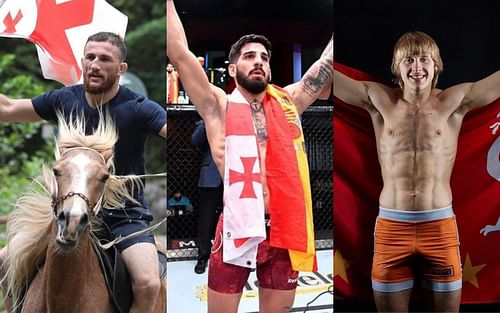 (L to R) Merab Dvalishvili, Ilia Topuria via Instagram @merab.dvalishvili, @iliatopuria and Paddy Pimblett via Twitter @MMAJunkie