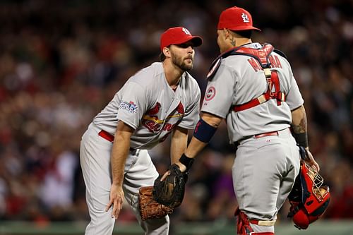 Adam Wainwright and Yadier Molina during a St Louis Cardinals v Boston Red Sox game.