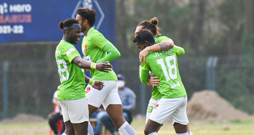 Gokulam Kerala FC players celebrate after their victory against TRAU FC. (Image Courtesy: Twitter/GokulamKeralaFC)