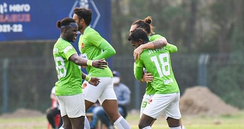 Gokulam Kerala FC players celebrate after their victory against TRAU FC. (Image Courtesy: Twitter/GokulamKeralaFC)