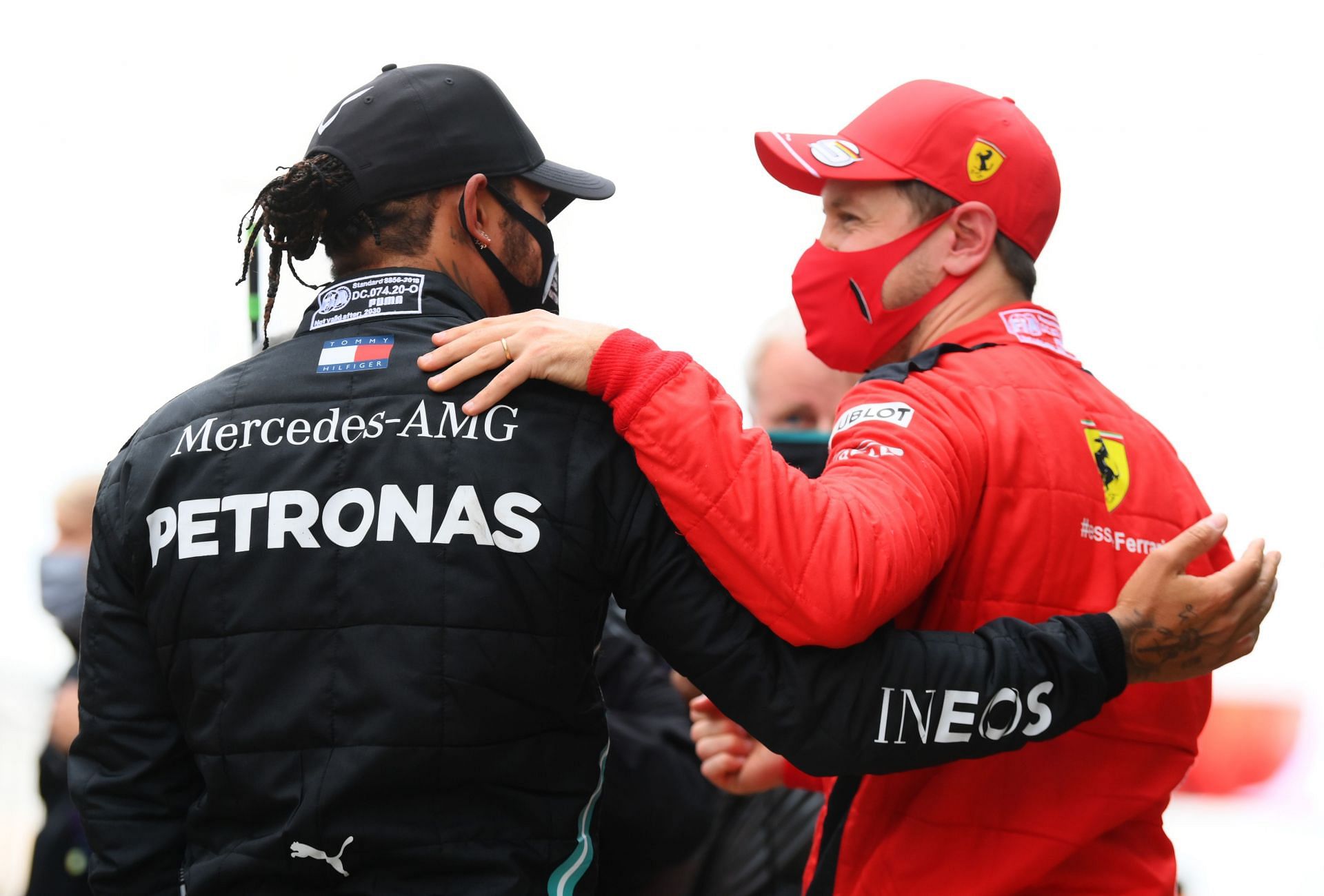 Lewis Hamilton (left) and Sebastian Vettel (right) during the 2020 Turkish Grand Prix (Photo by Clive Mason/Getty Images)
