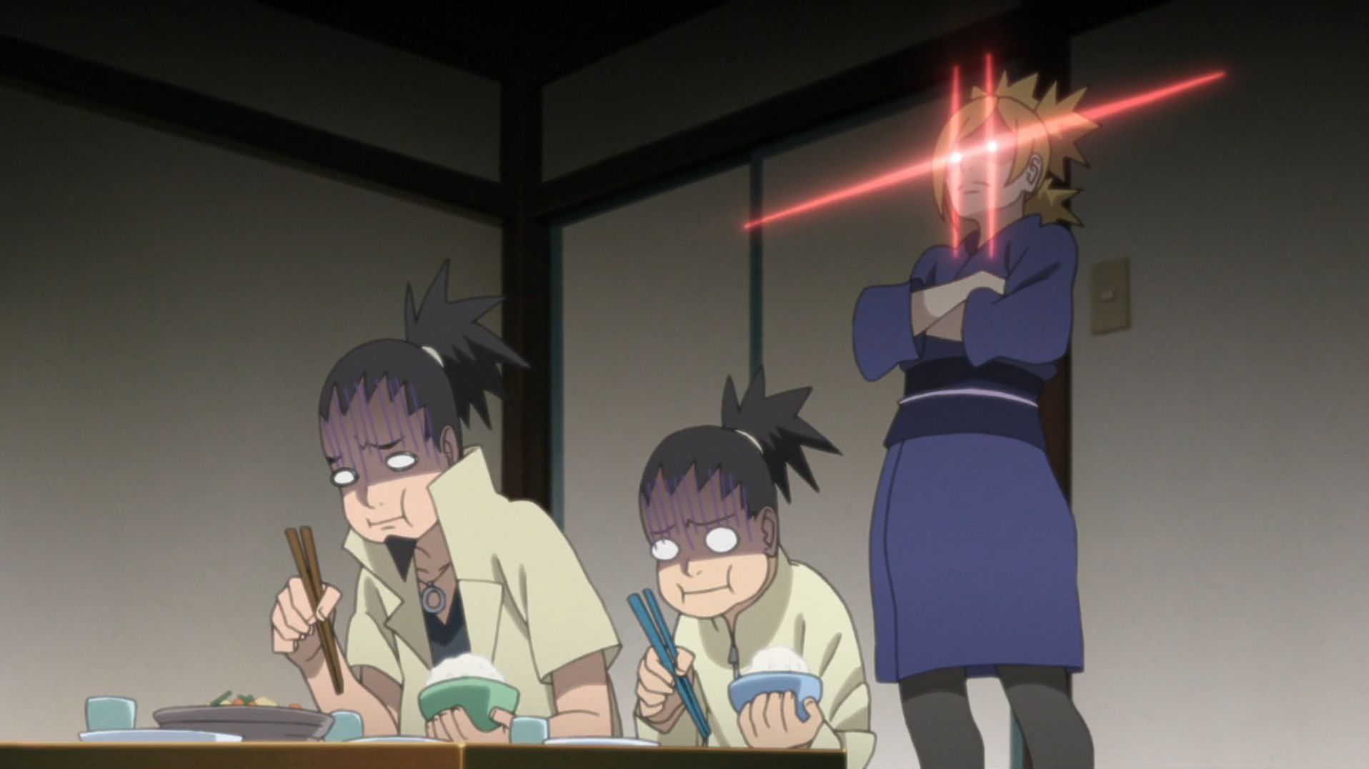 Temari behind Shikamaru and Shikadai (Image via Studio Pierrot)