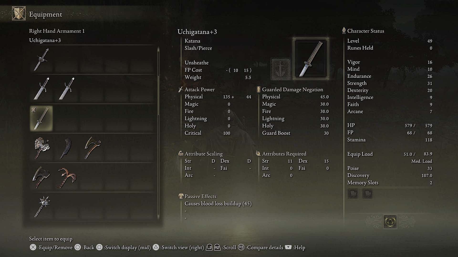 Another example of a weapon&#039;s stat page with Attack Power and Attribute Scaling (Image via FromSoftware Inc.)