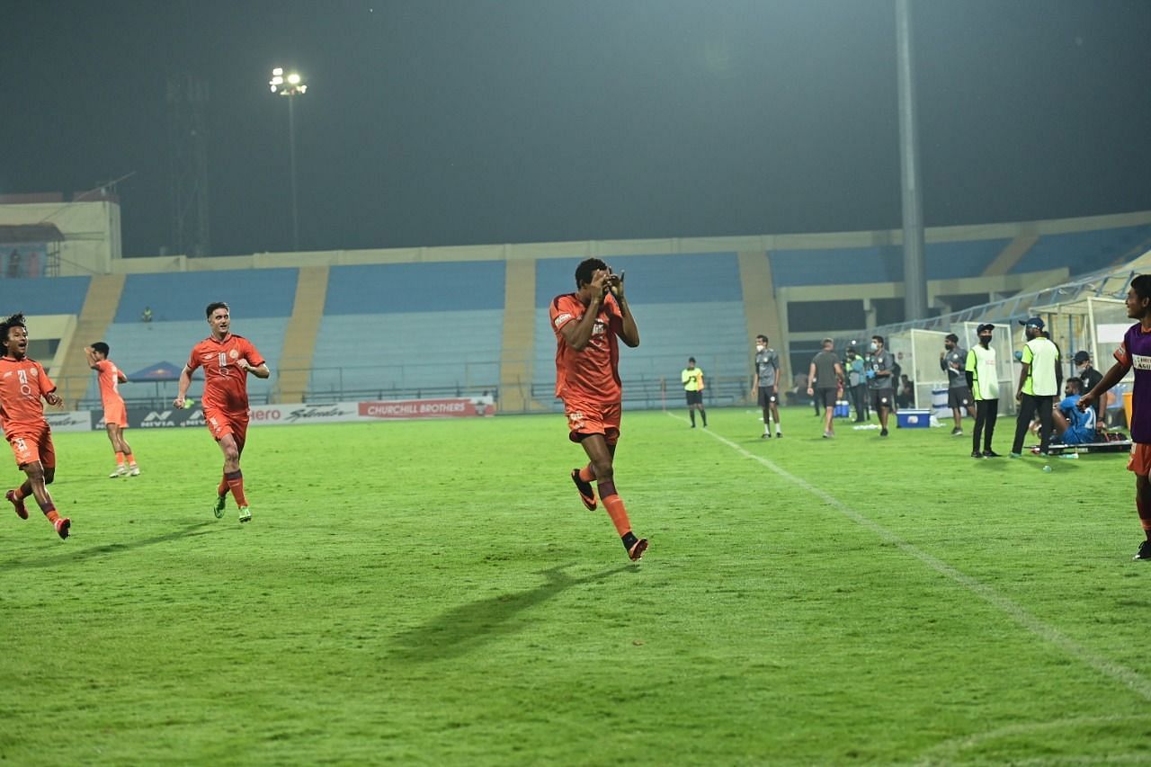 RoundGlass Punjab FC&#039;s Kurtis Guthrie celebrates after scoring a free-kick against Churchill Brothers in an I-League encounter - Image Courtesy: I-League Twitter