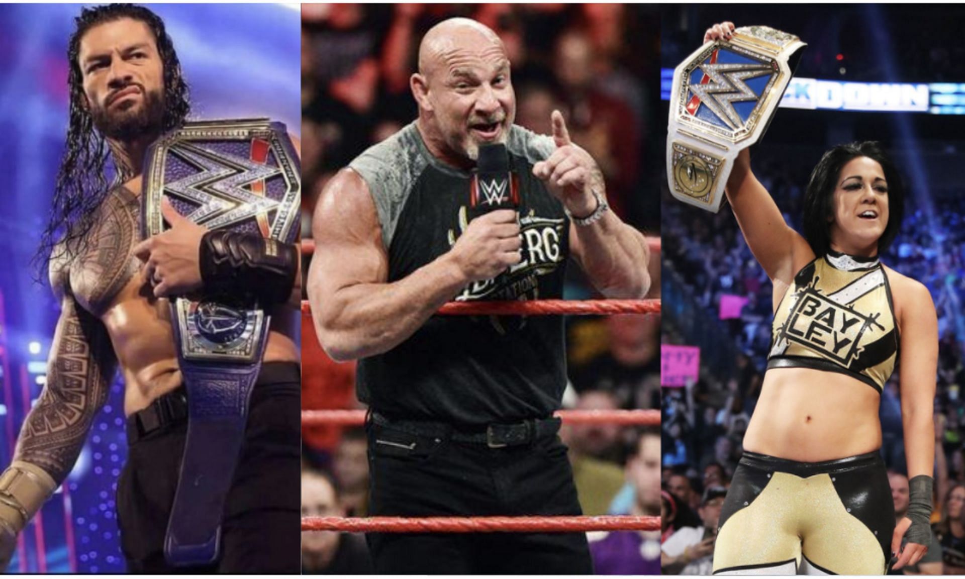 Roman Reigns (left); Goldberg (center); Bayley (right)