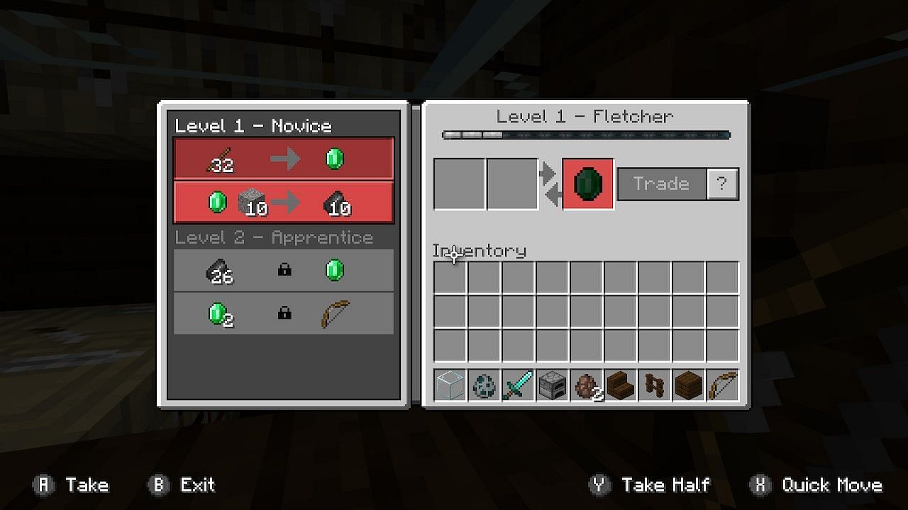 Players can level up the fletcher to be able to buy great gear like enchanted bows and crossbows.(Image via Minecraft)