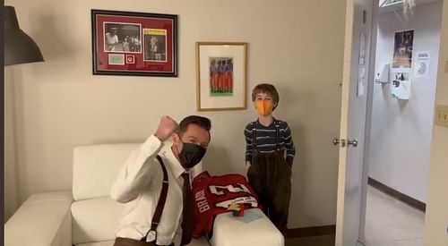 Jackman with Pasek and his autographed Tom Brady Tampa Bay jersey. Source: Instagram