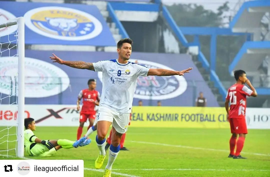 Real Kashmir FC&#039;s Tiago Adan celebrating a goal in the I-League (Image Courtesy: I-League)