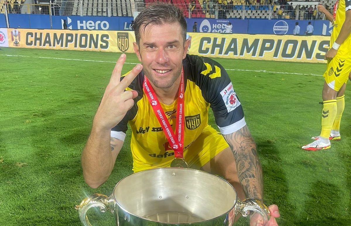 Hyderabad FC&#039;s Juanan celebrating with the Indian Super League trophy (Image Courtesy: Juanan)