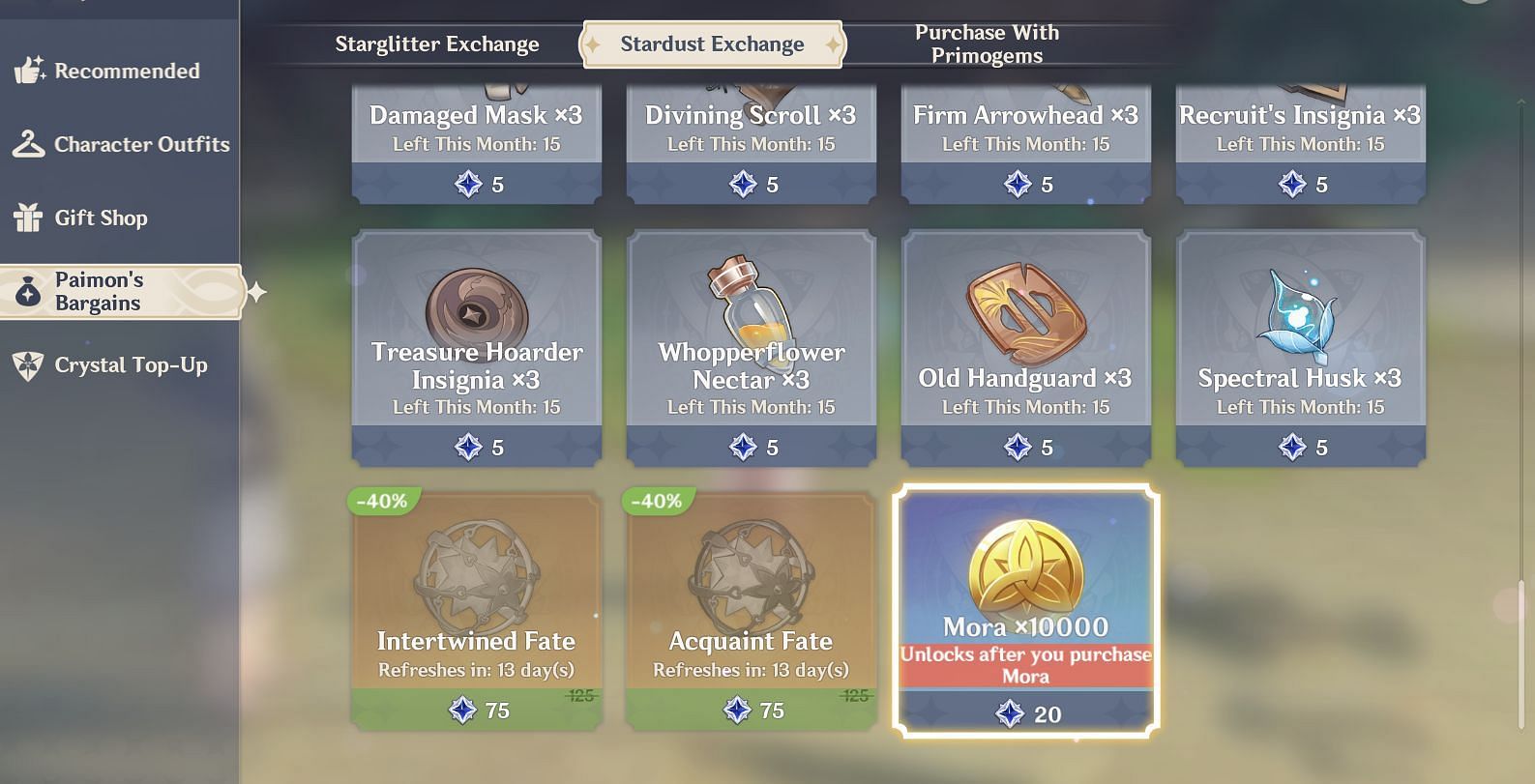 Stardust Exchange in Shop (Image via HoYoverse)