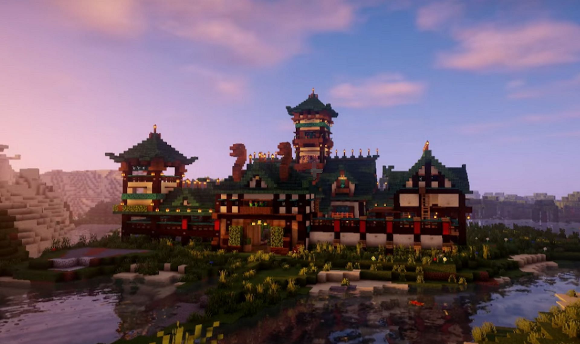 This Japanese-style castle is truly a work of art, and the detail is incredible (Image via A1MOSTADDICTED MINECRAFT, YouTube)