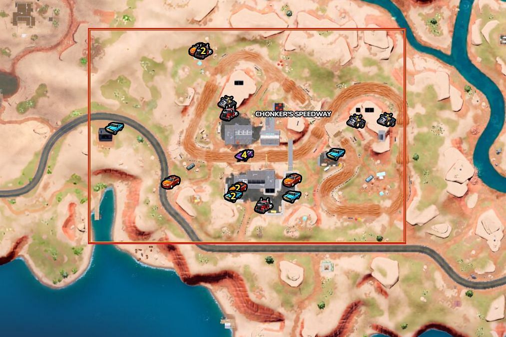 Users can find many vehicles within the vicinity of Chonker&#039;s Speedway (Image via Fortnite.GG)