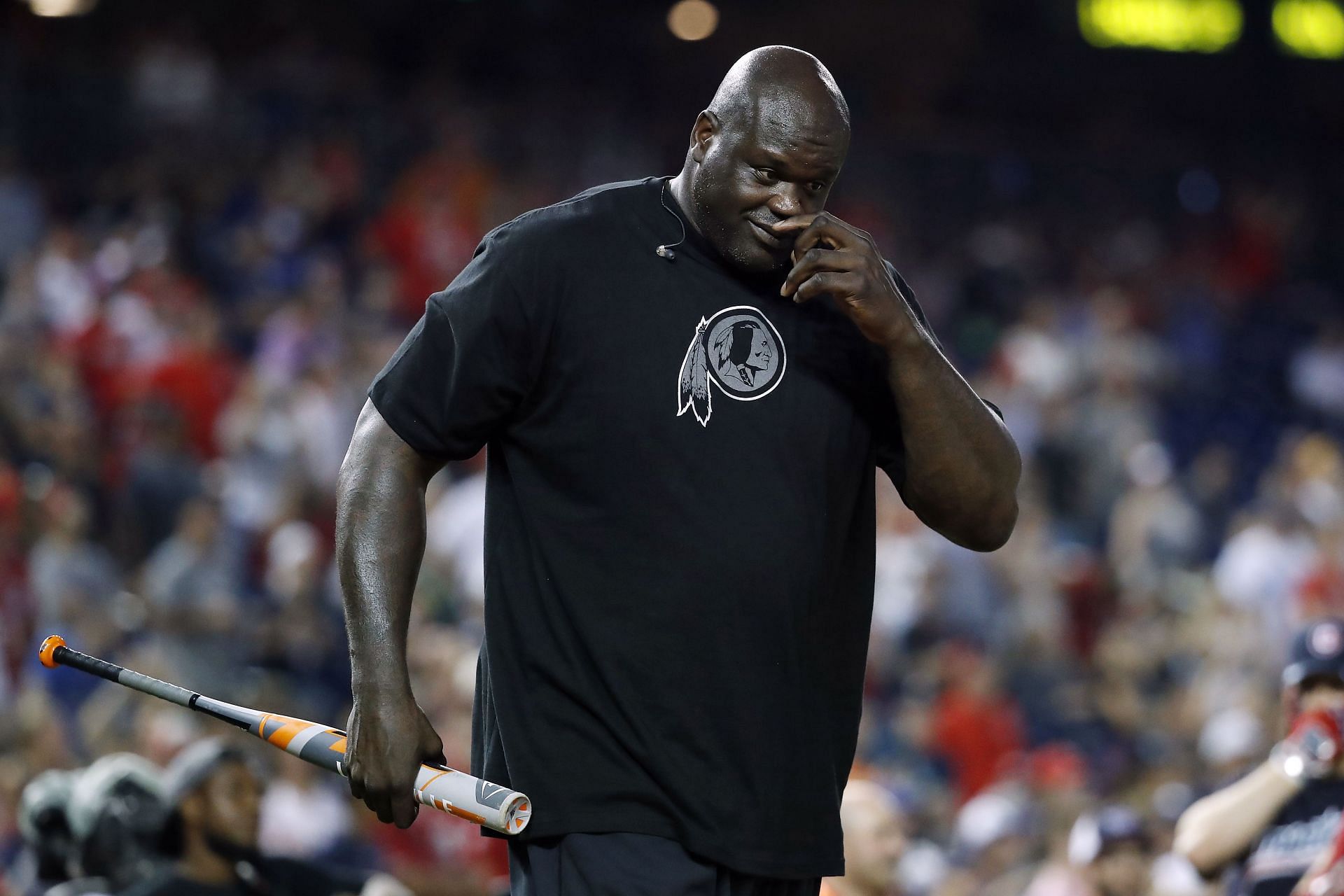 Shaquille O&#039;Neal bats during the All-Star and Legends Celebrity Softball Game in 2018
