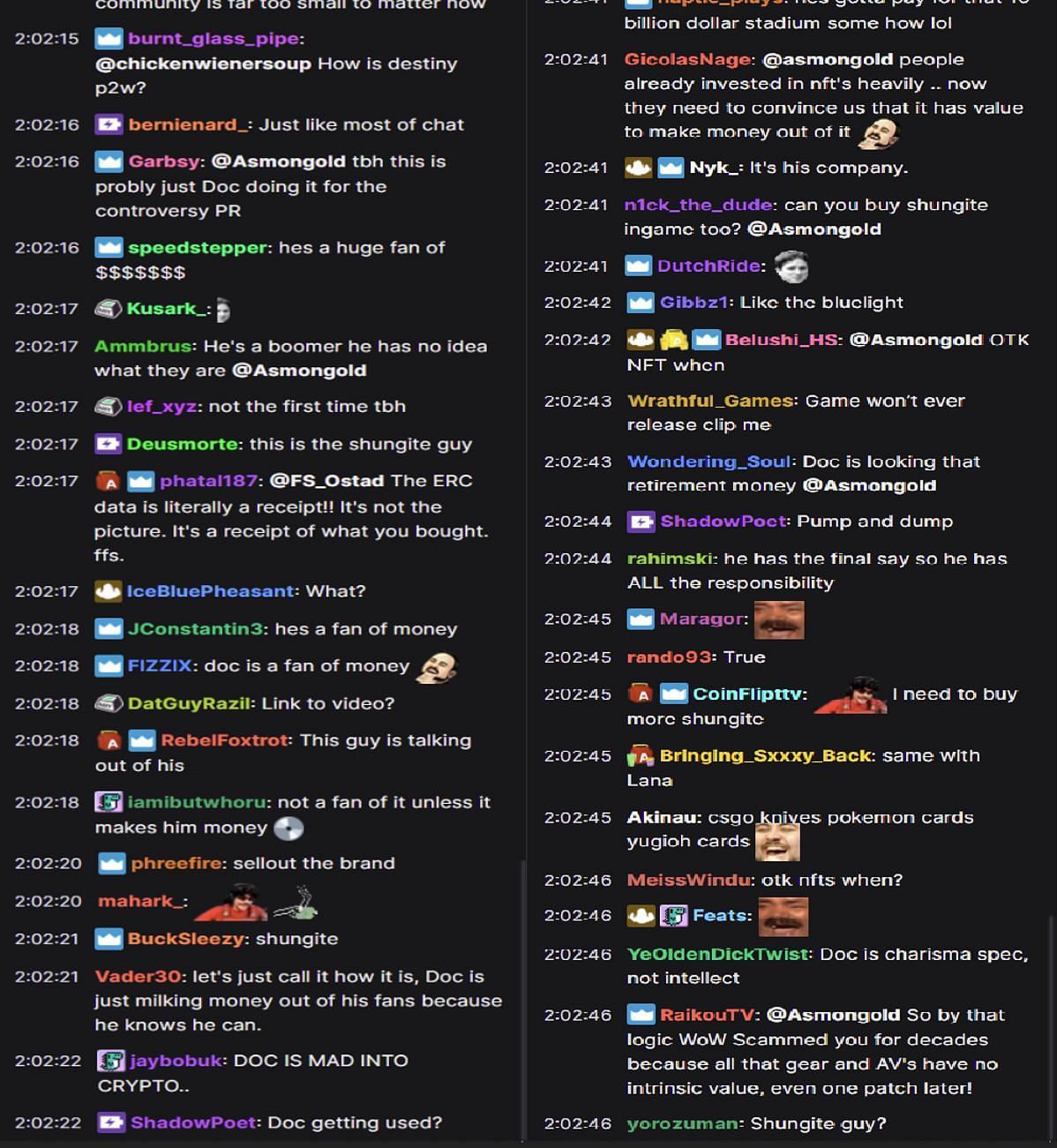 Fans discussing the streamers thoughts regarding NFTs (Images via Asmongold/Twitch chat)