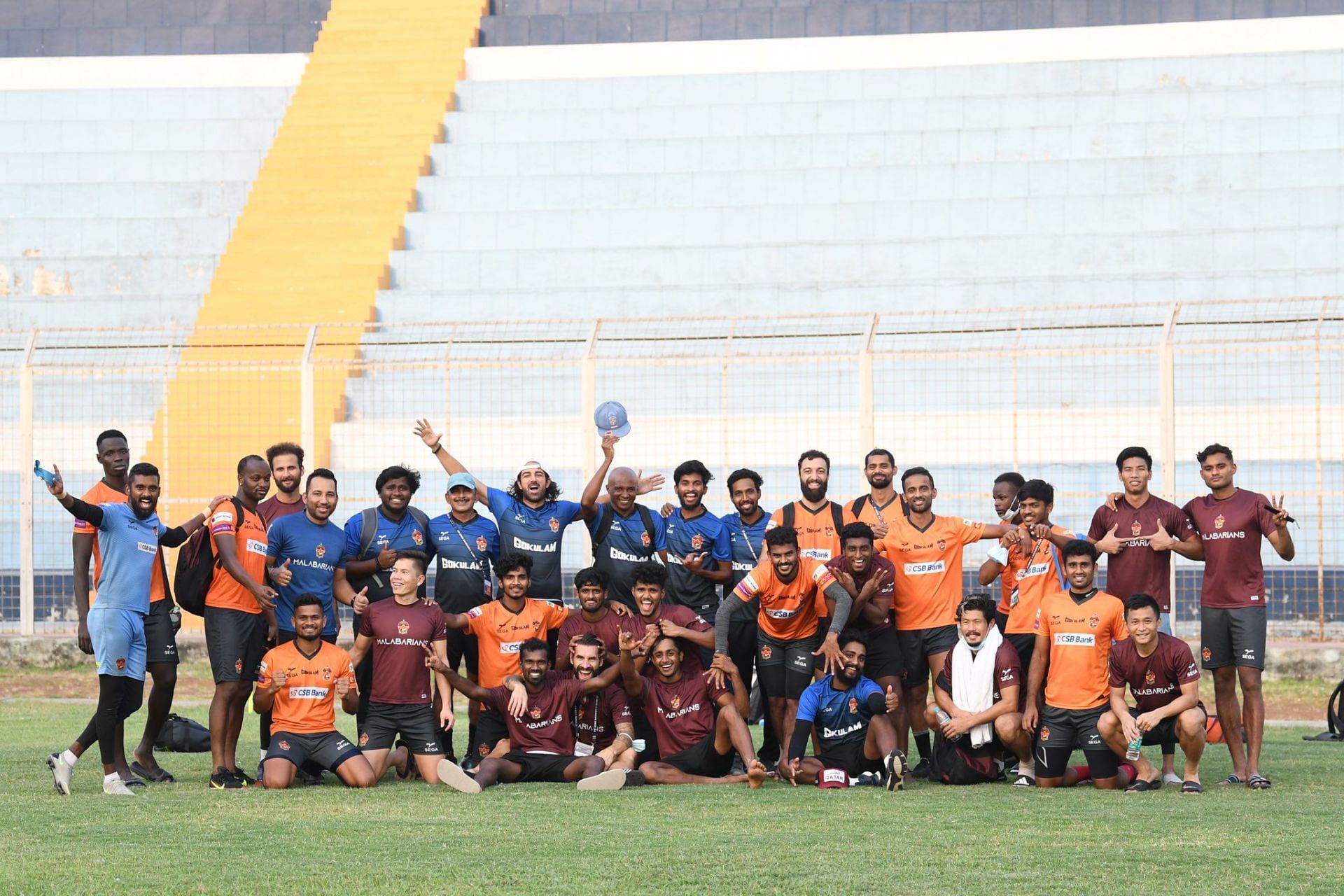 Gokulam Kerala FC players pose for a group photo after a training session (Image Courtesy: GKFC Twitter)