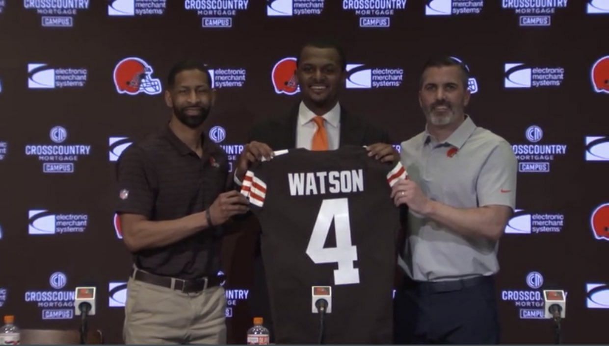 Deshaun Watson faces the media as a Cleveland Brown. Twitter: @MySportsUpdate
