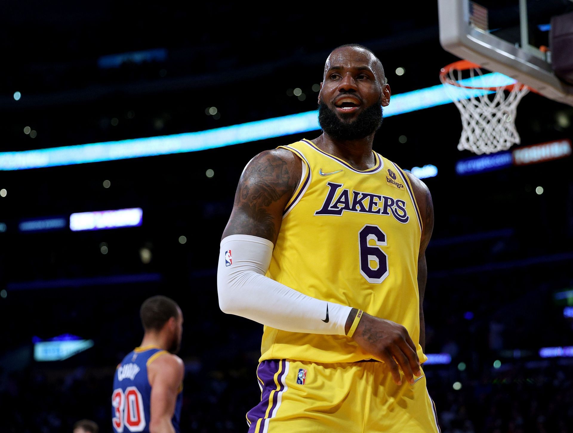 LeBron James of the LA Lakers reacts after his basket and Golden State Warriors foul during a 124-116 Lakers win at Crypto.com Arena on Saturday in Los Angeles, California.