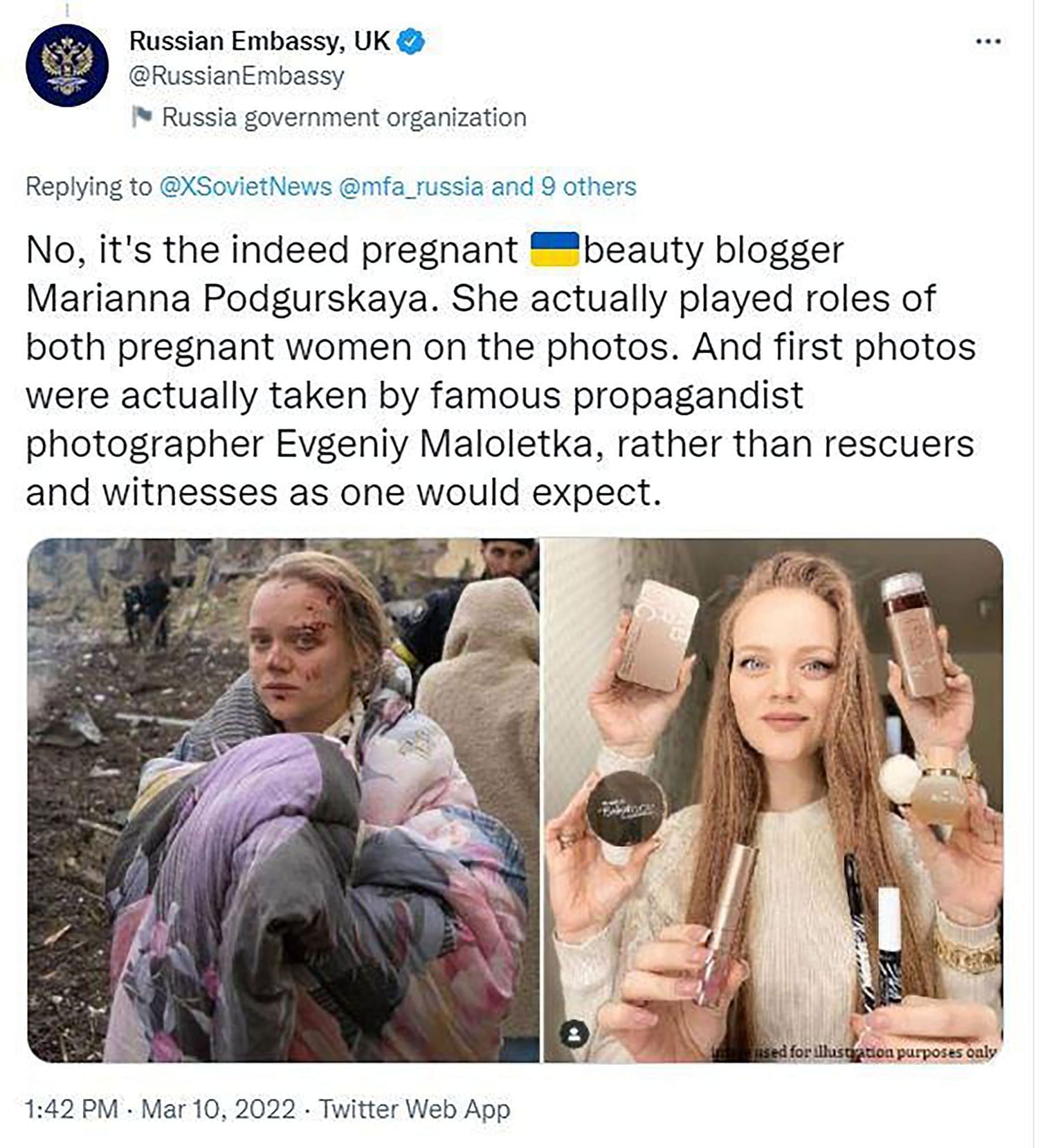 Russian Embassy, UK criticizes Ukrainian beauty influencer (Image via RussianEmbassy/Twitter)